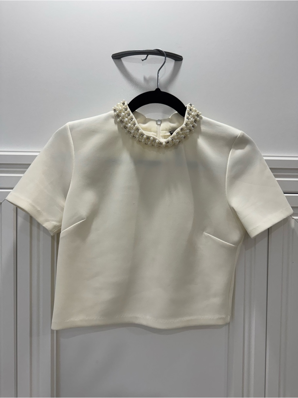 Design Lab Lord & Taylor Ivory Pearl-Embellished Short Sleeve Crop Top
